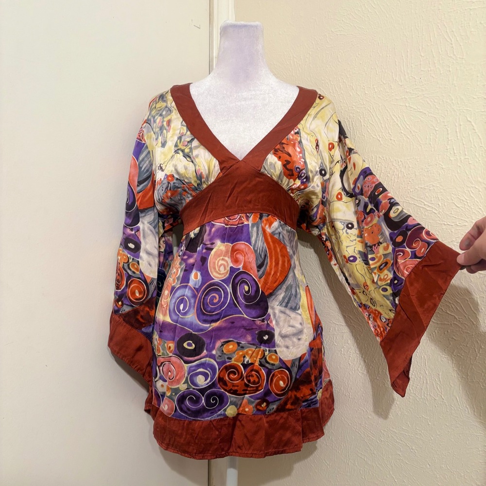 Gustav Klimt Inspired 100% Silk Tunic Top Kimono Sleeve Art to Wear XL Eurl